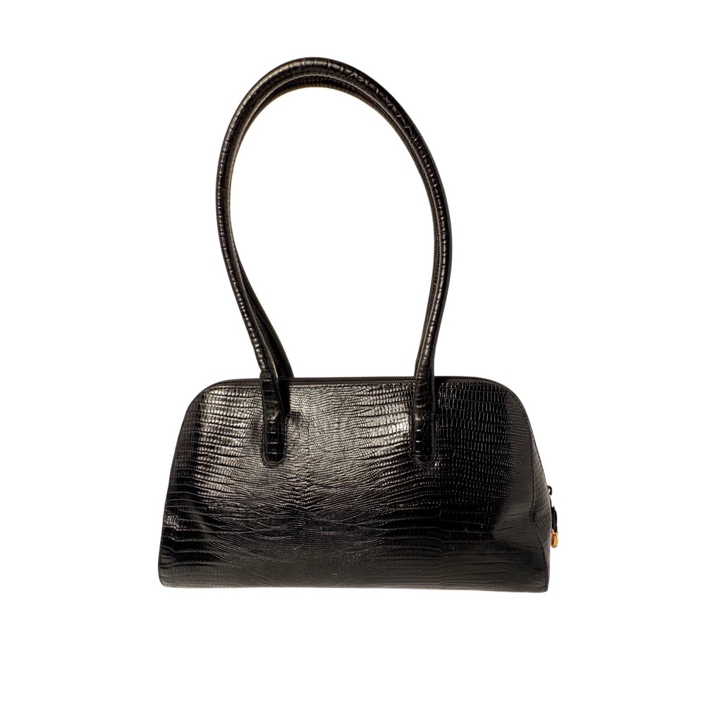 Furla Vintage Black Lizard Embossed Leather Shoulder Bag Gold Hardware Italy